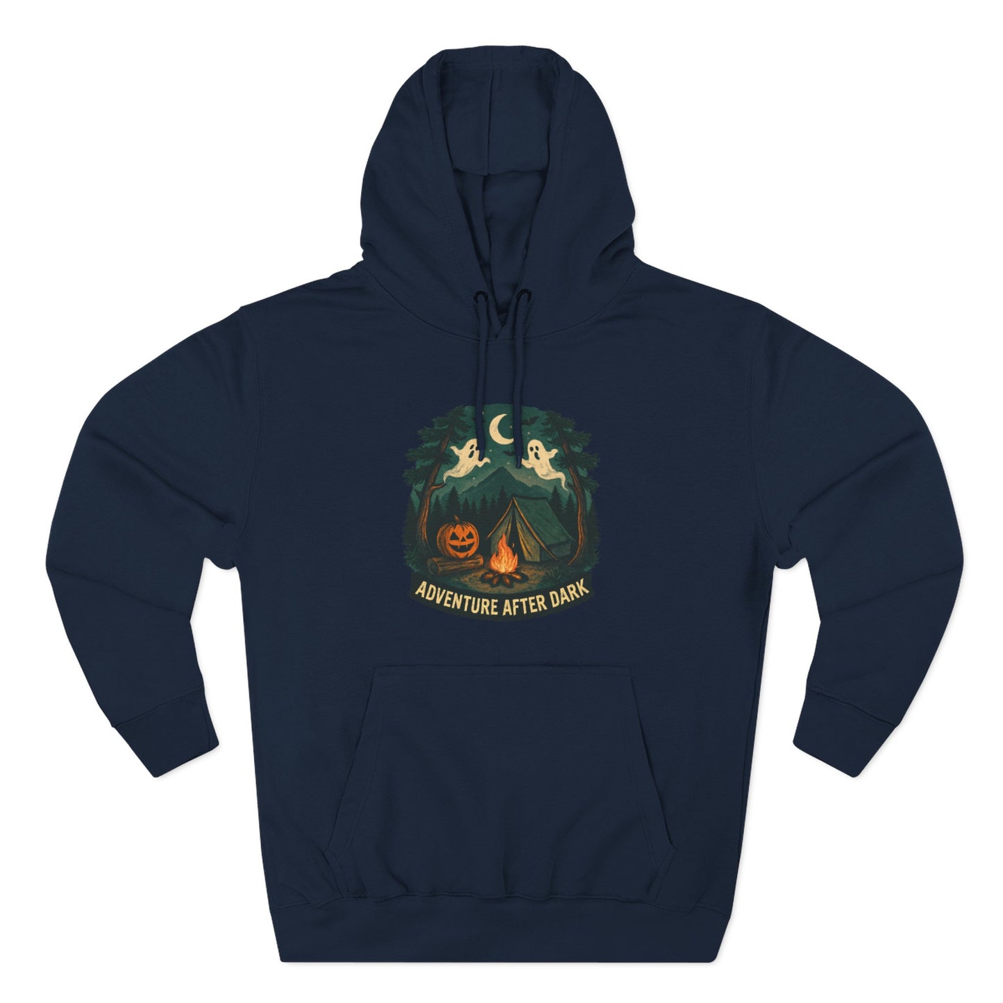 Halloween Adventure Fleece Hoodie, Cozy Fall Sweater, Ghost Campfire Pullove, Spooky Hoodie Gift, Outdoor Halloween Apparel
