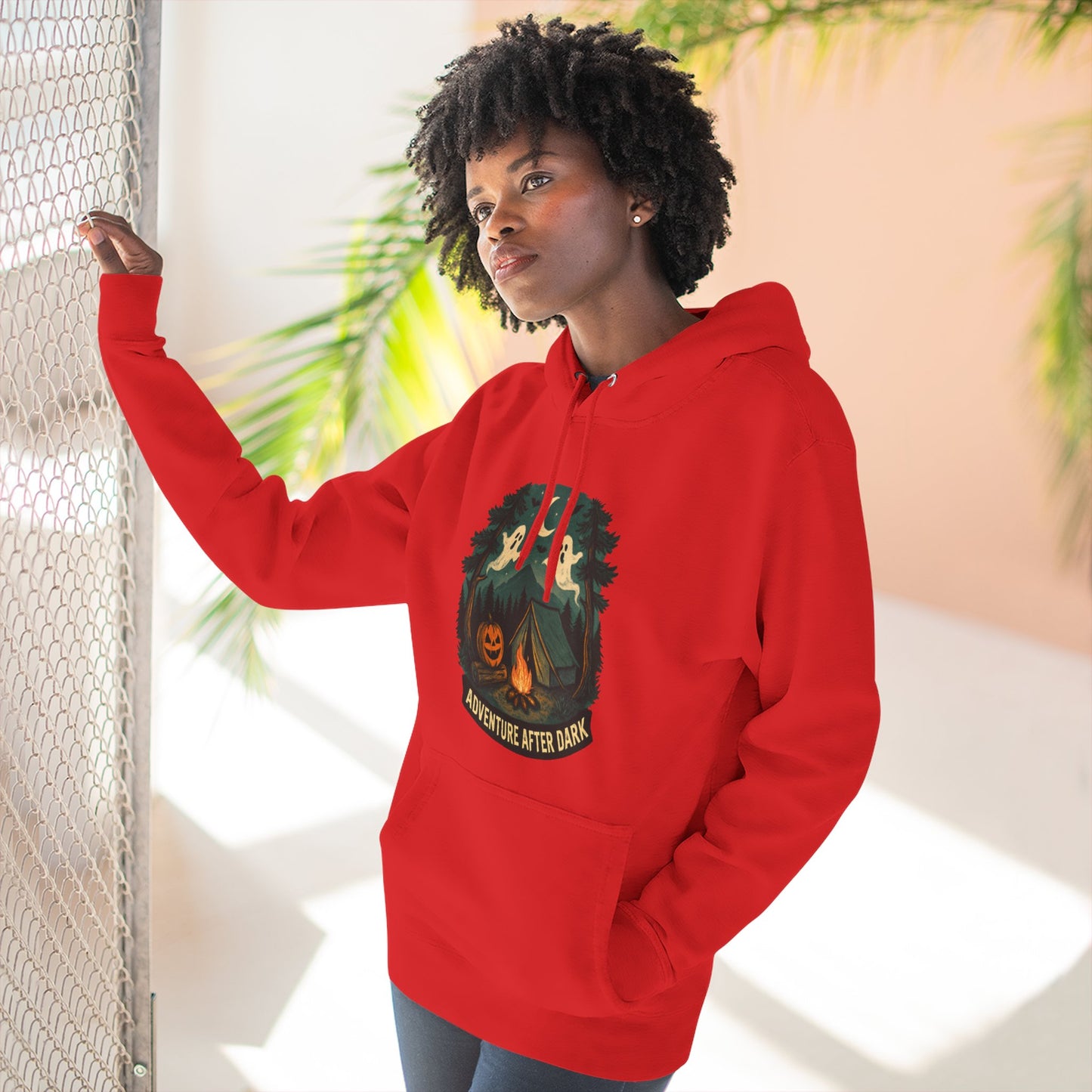 Halloween Adventure Fleece Hoodie, Cozy Fall Sweater, Ghost Campfire Pullove, Spooky Hoodie Gift, Outdoor Halloween Apparel