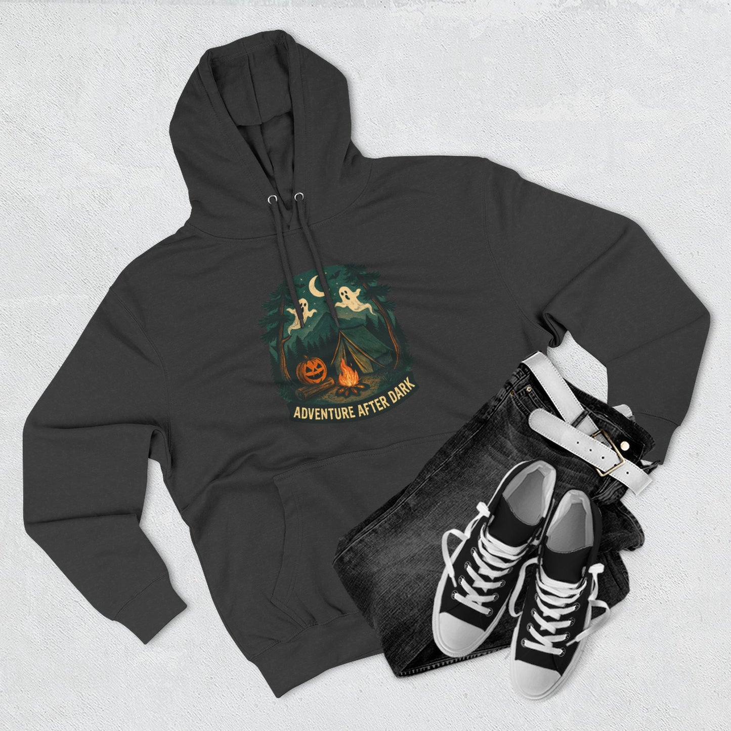 Halloween Adventure Fleece Hoodie, Cozy Fall Sweater, Ghost Campfire Pullove, Spooky Hoodie Gift, Outdoor Halloween Apparel
