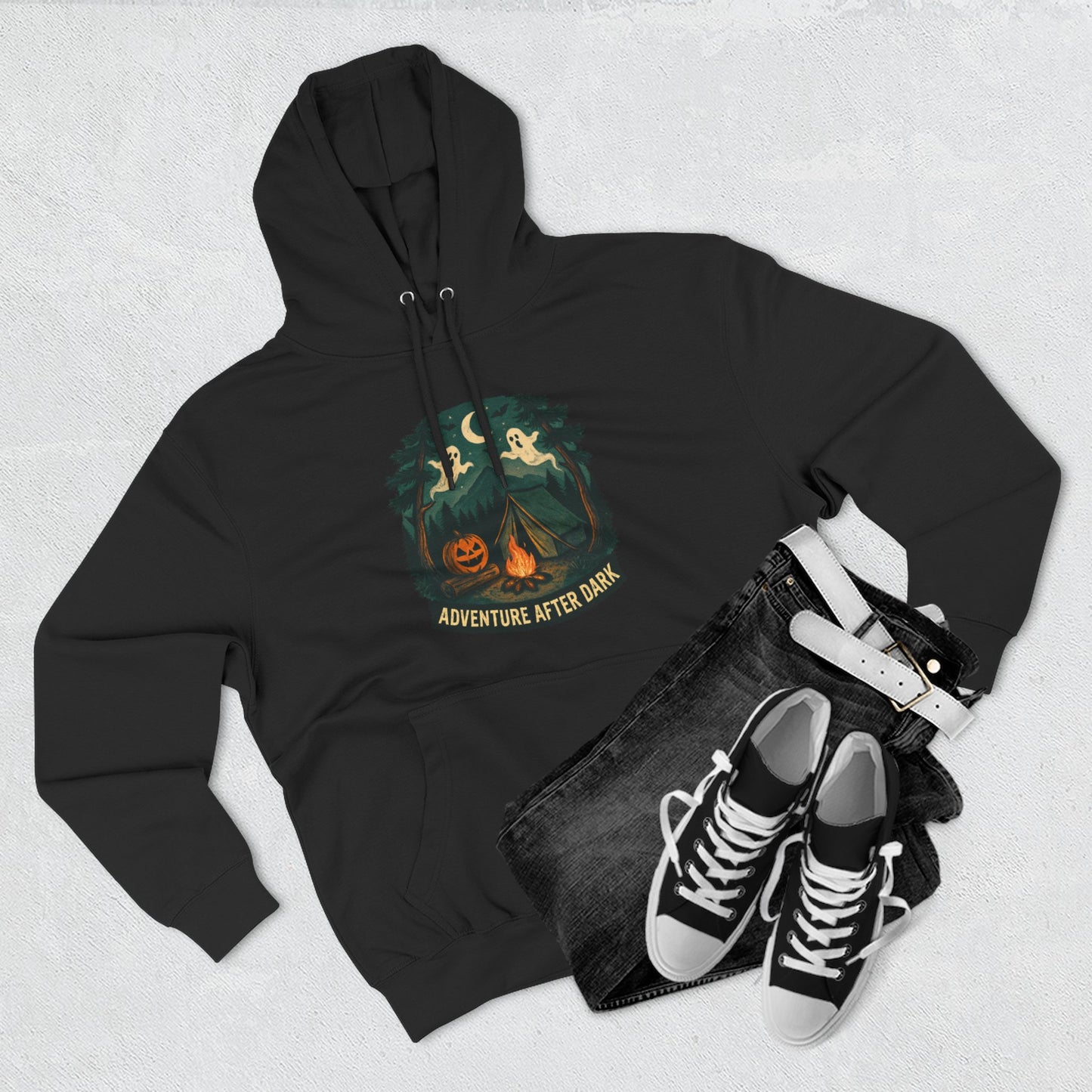 Halloween Adventure Fleece Hoodie, Cozy Fall Sweater, Ghost Campfire Pullove, Spooky Hoodie Gift, Outdoor Halloween Apparel