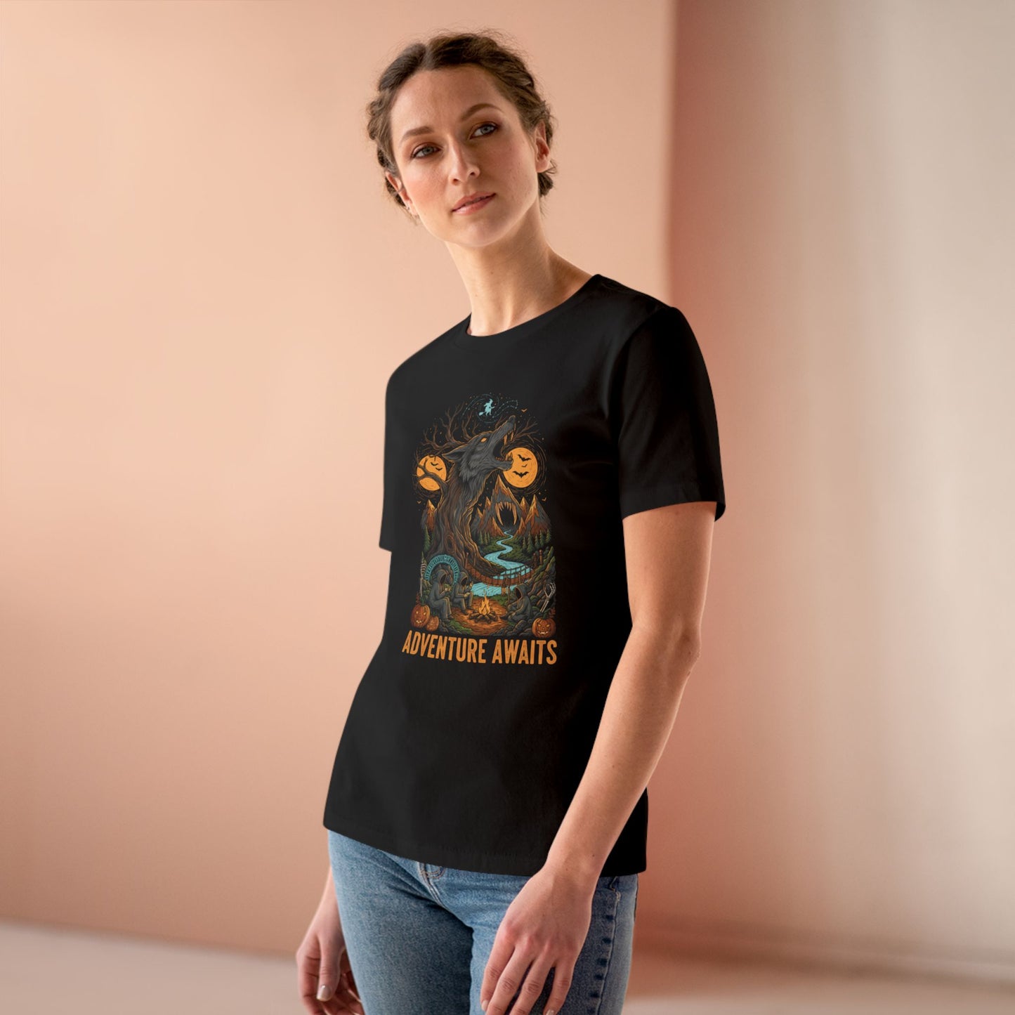 Adventure Awaits Expedition Women's Tee with Howling Wolf Tree Graphic