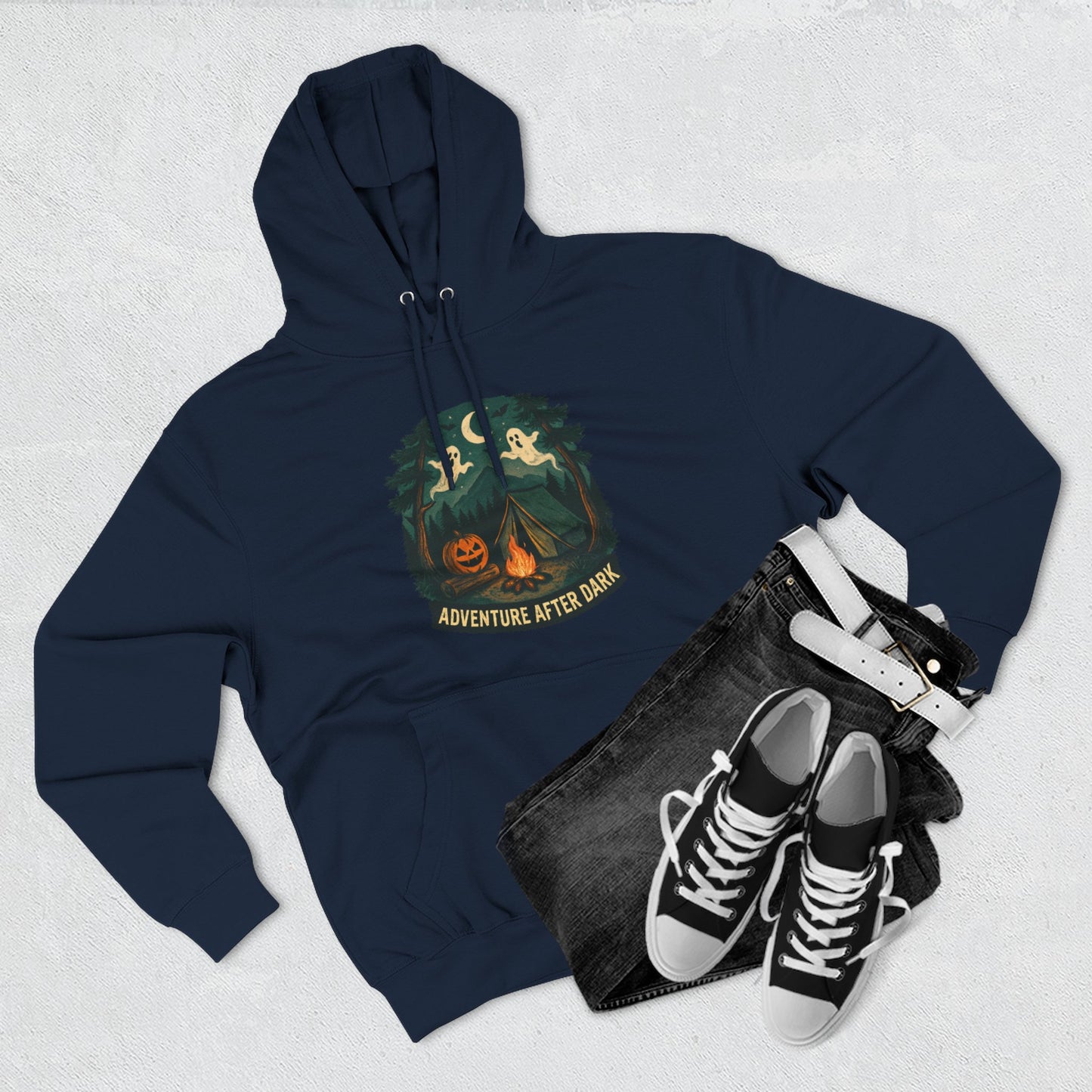 Halloween Adventure Fleece Hoodie, Cozy Fall Sweater, Ghost Campfire Pullove, Spooky Hoodie Gift, Outdoor Halloween Apparel