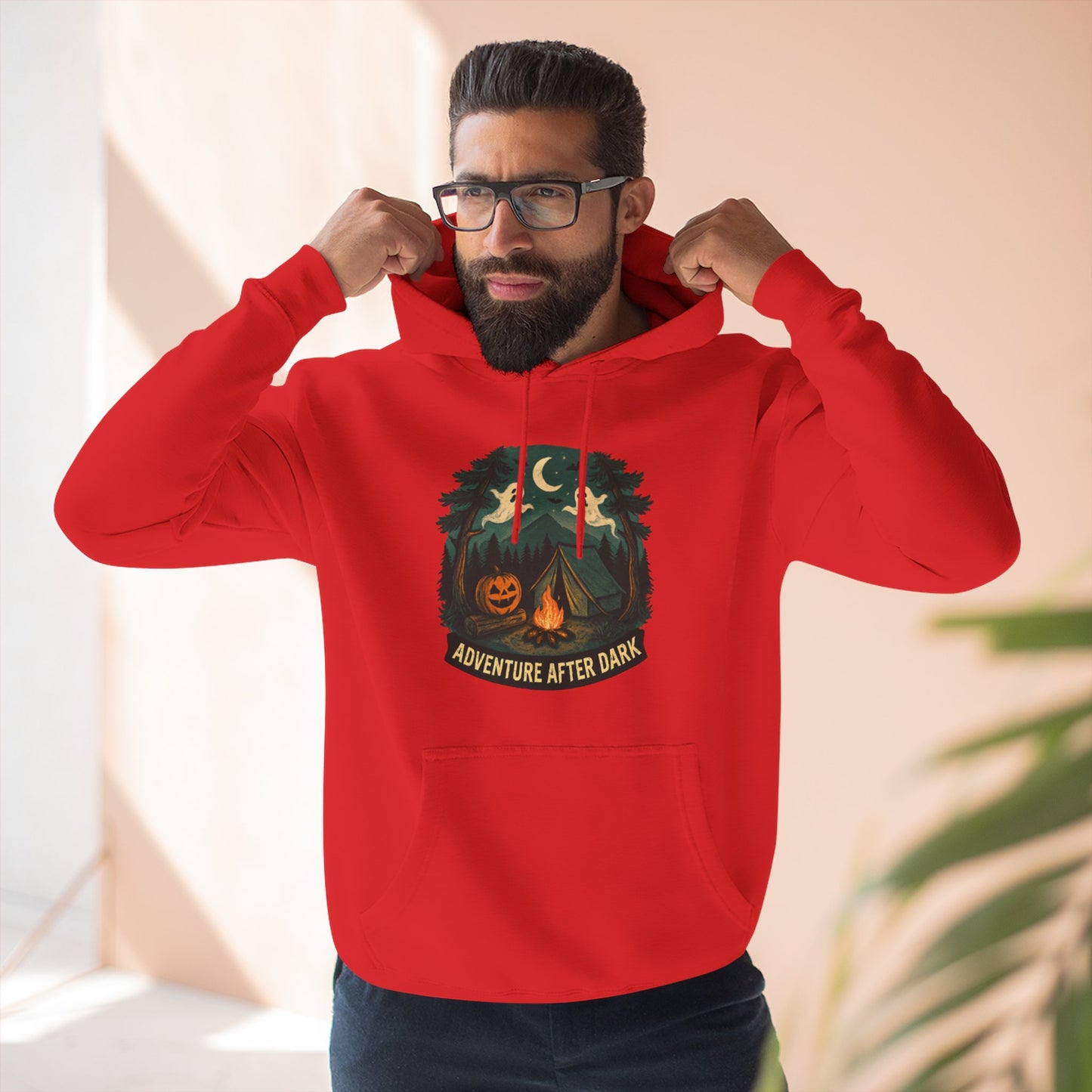 Halloween Adventure Fleece Hoodie, Cozy Fall Sweater, Ghost Campfire Pullove, Spooky Hoodie Gift, Outdoor Halloween Apparel