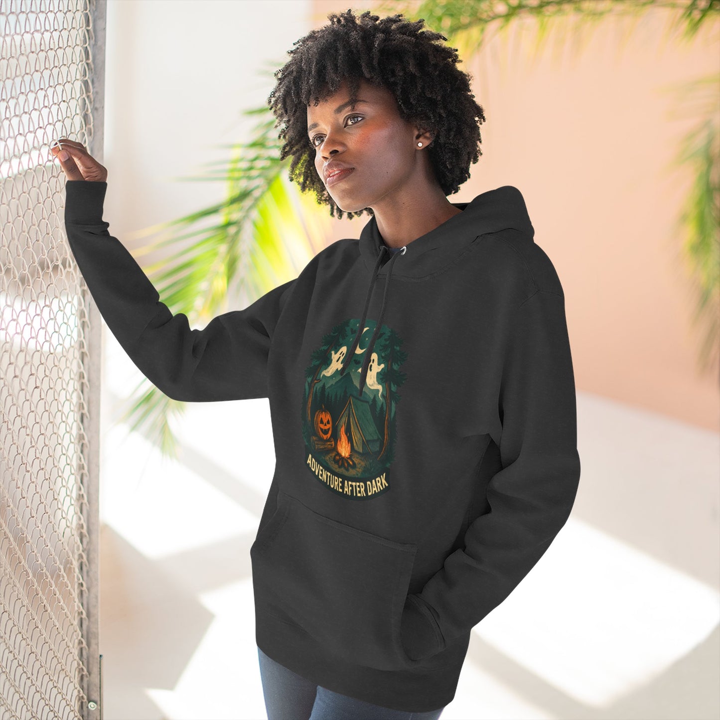 Halloween Adventure Fleece Hoodie, Cozy Fall Sweater, Ghost Campfire Pullove, Spooky Hoodie Gift, Outdoor Halloween Apparel