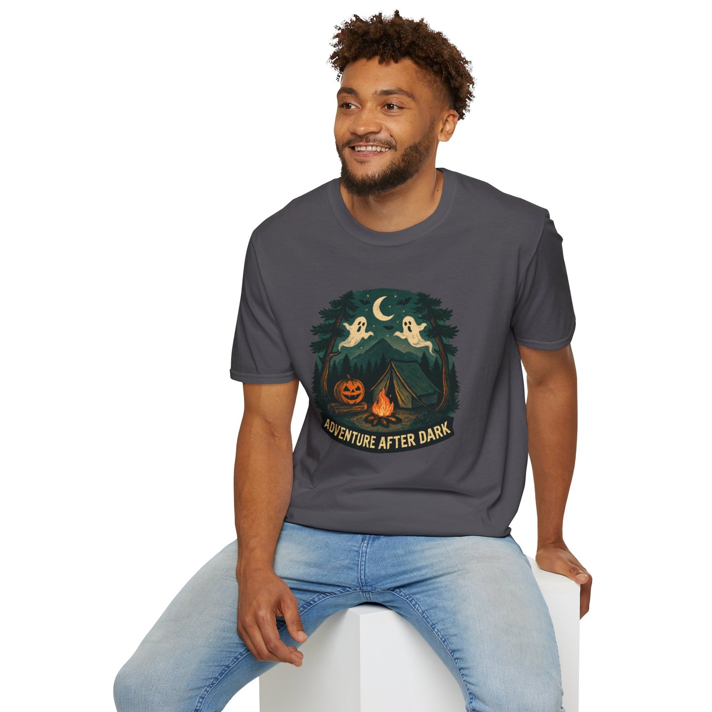 Adventure After Dark Unisex Softstyle T-Shirt | Halloween Shirt, Cozy Tee, Ghost Campfire Shirt, Spooky Vibe, Fun Fall Apparel