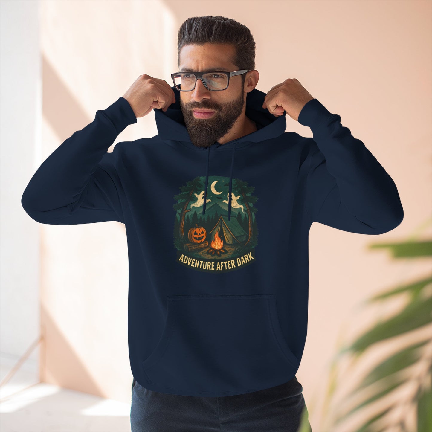 Halloween Adventure Fleece Hoodie, Cozy Fall Sweater, Ghost Campfire Pullove, Spooky Hoodie Gift, Outdoor Halloween Apparel
