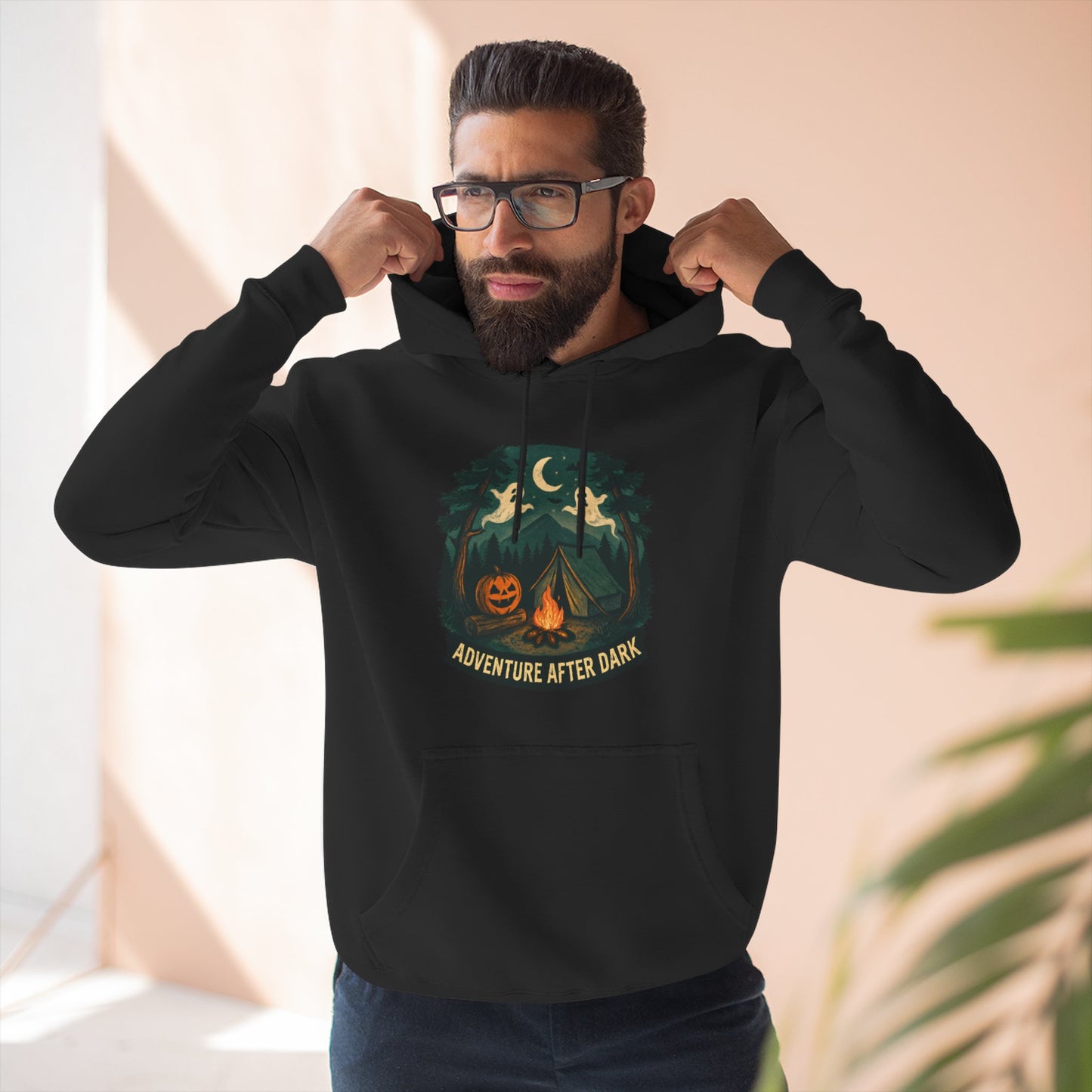 Halloween Adventure Fleece Hoodie, Cozy Fall Sweater, Ghost Campfire Pullove, Spooky Hoodie Gift, Outdoor Halloween Apparel