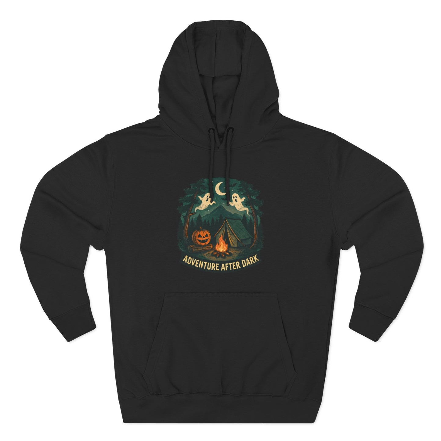 Halloween Adventure Fleece Hoodie, Cozy Fall Sweater, Ghost Campfire Pullove, Spooky Hoodie Gift, Outdoor Halloween Apparel