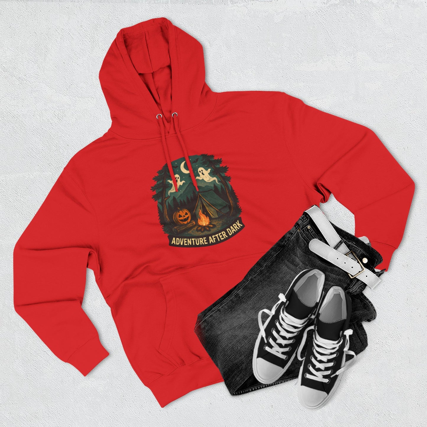 Halloween Adventure Fleece Hoodie, Cozy Fall Sweater, Ghost Campfire Pullove, Spooky Hoodie Gift, Outdoor Halloween Apparel