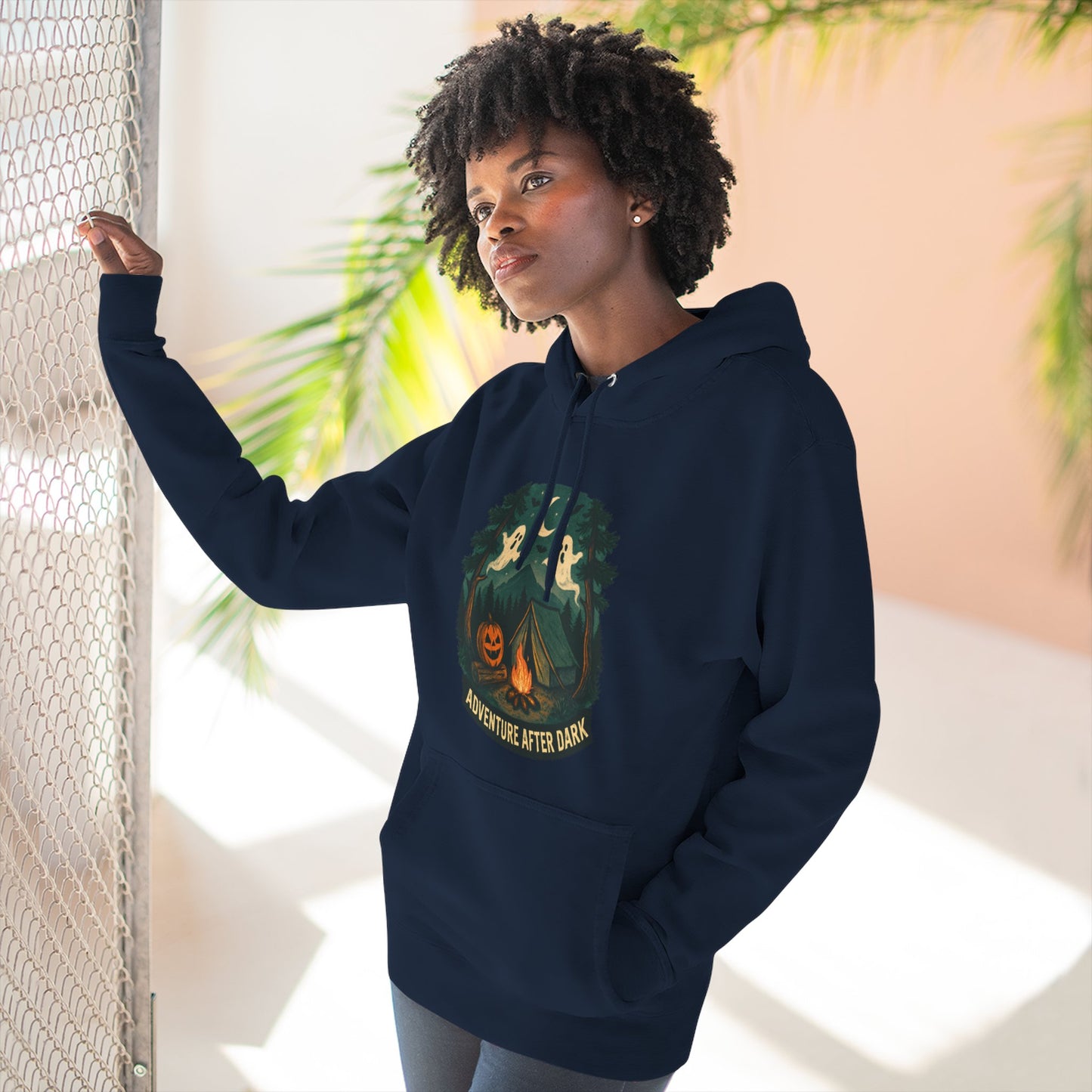 Halloween Adventure Fleece Hoodie, Cozy Fall Sweater, Ghost Campfire Pullove, Spooky Hoodie Gift, Outdoor Halloween Apparel