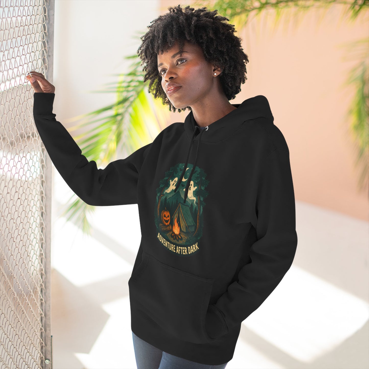 Halloween Adventure Fleece Hoodie, Cozy Fall Sweater, Ghost Campfire Pullove, Spooky Hoodie Gift, Outdoor Halloween Apparel